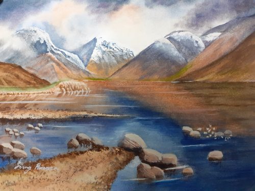 Irving. Yewbarrow, Great Gable & Scafell Pike from Wastwater, mixed media.